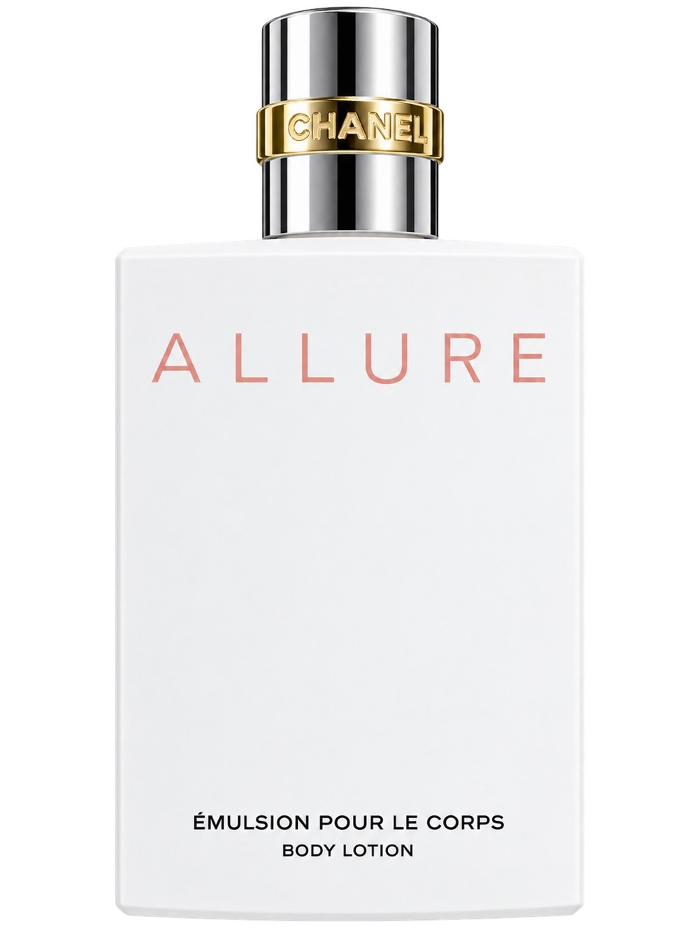CHANEL Allure Body Lotion - White Bottle with Pink Logo and Gold/Silver Cap